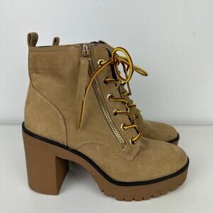 Forever 21 Womens Faux Suede Lace-Up Platform High Heel Beige Combat Booties 6